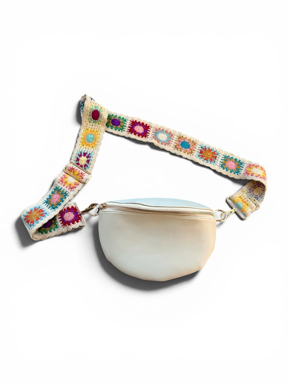🌺 Cream Leather Fanny Pack or Crossbody with Colorful Removeable Crochet Strap